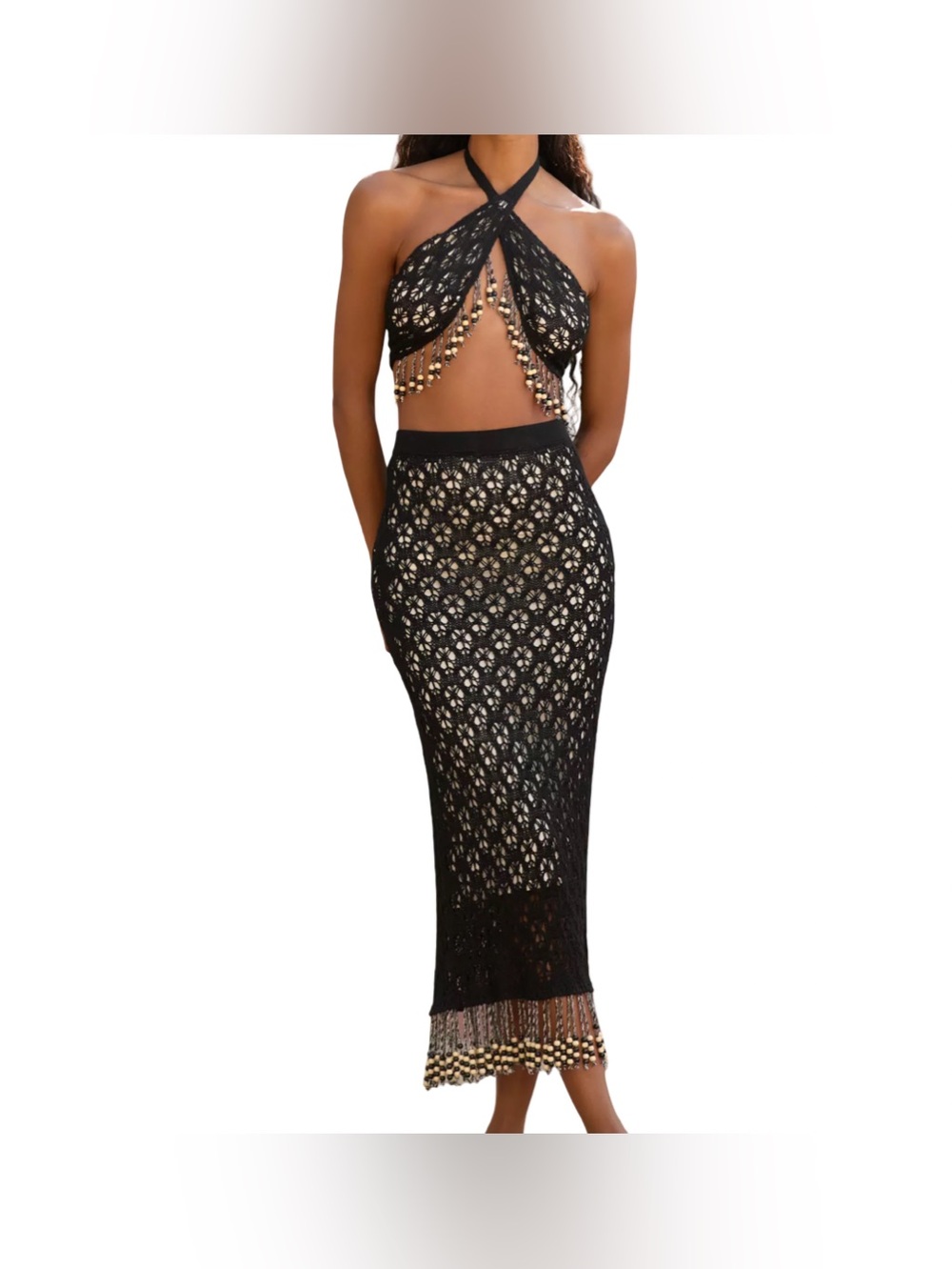 Anthropologie Capittana Sally Black Crochet Two-Piece Fringe Beaded Mini Set